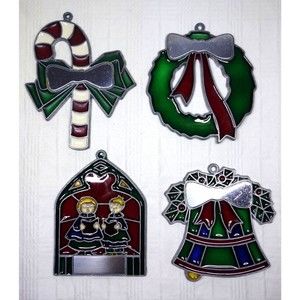 Vintage Leonard Acrylic Stained Glass Ornaments - Wreath, Bell, Carolers, Cane 1